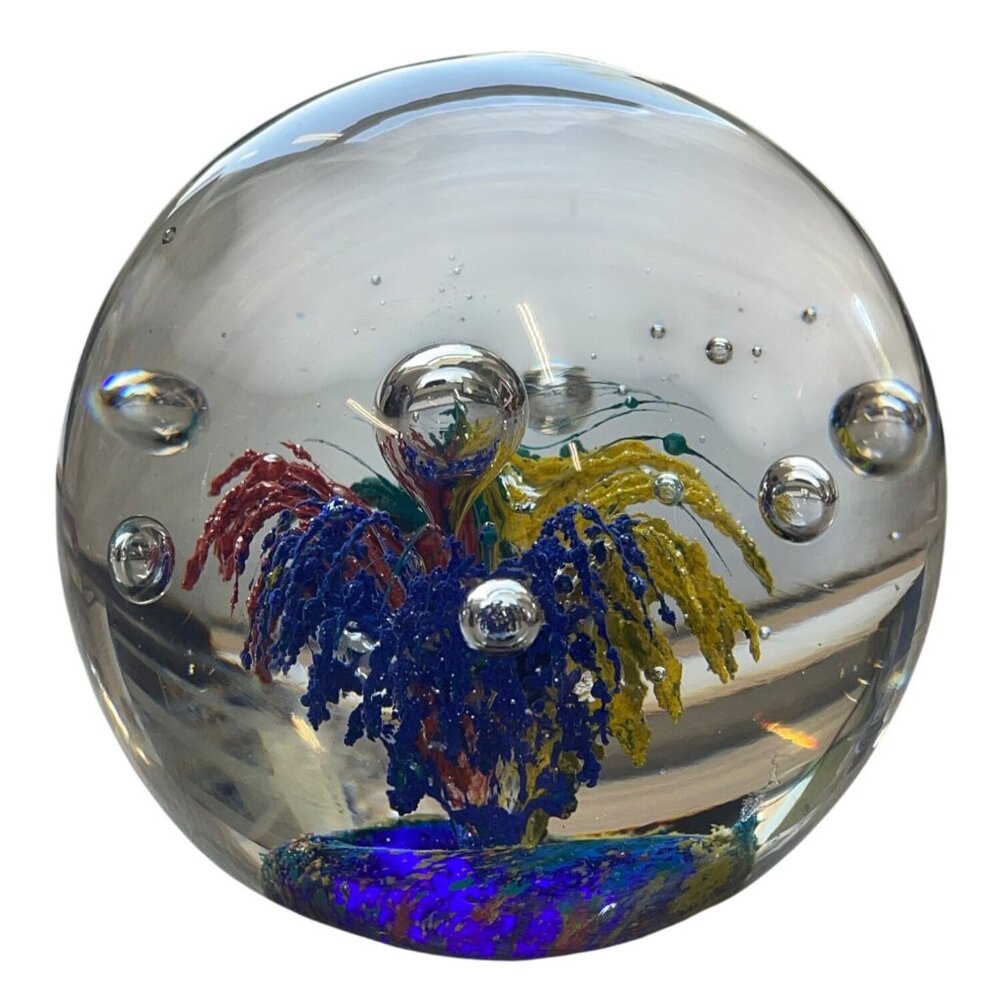 Handmade Glass Paperweight Clear Sphere‎  Floral Motif Art Floating Air Bubbles